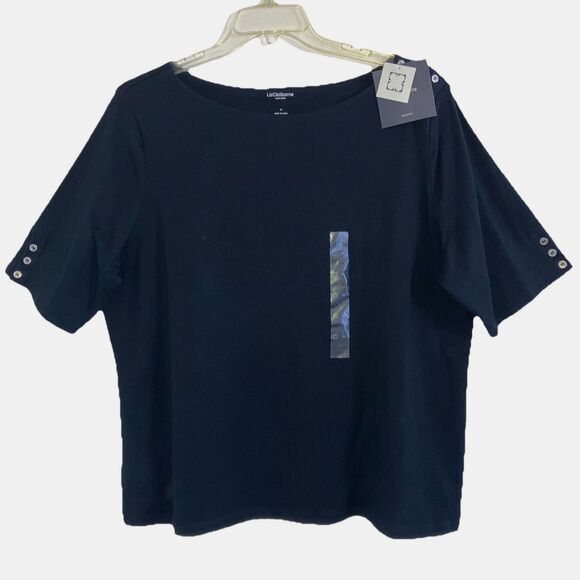LIZ CLAIBORNE sz 3X Solid Black Cotton Stretch Short Sleeve Button Pullover Top - Picture 1 of 5